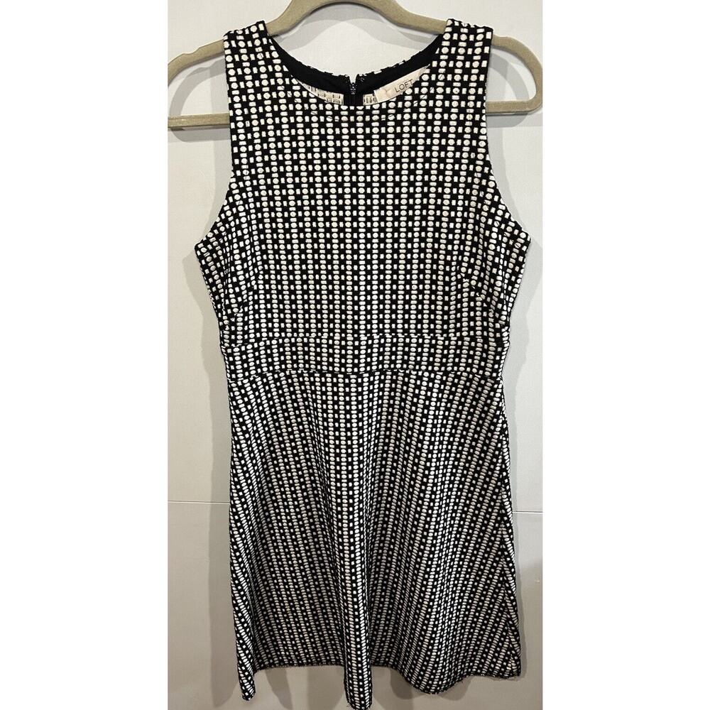 Ann Taylor Loft Black Off White Geometric Print Dress Flared Size 6‎ Sleeveless